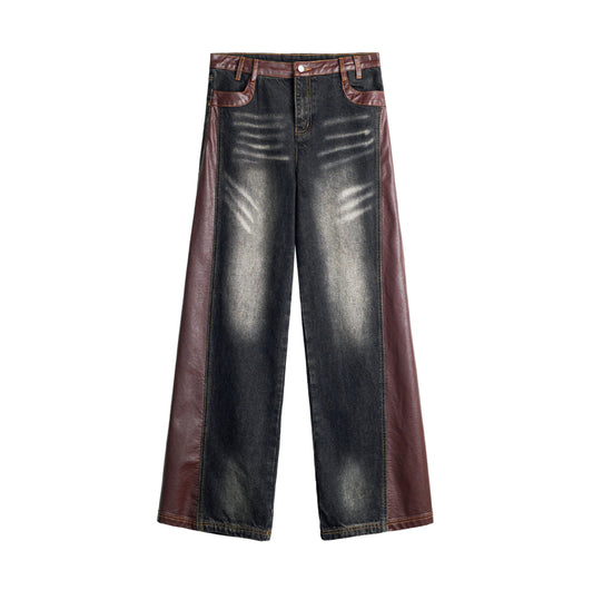 vibe leather stitch denim pants