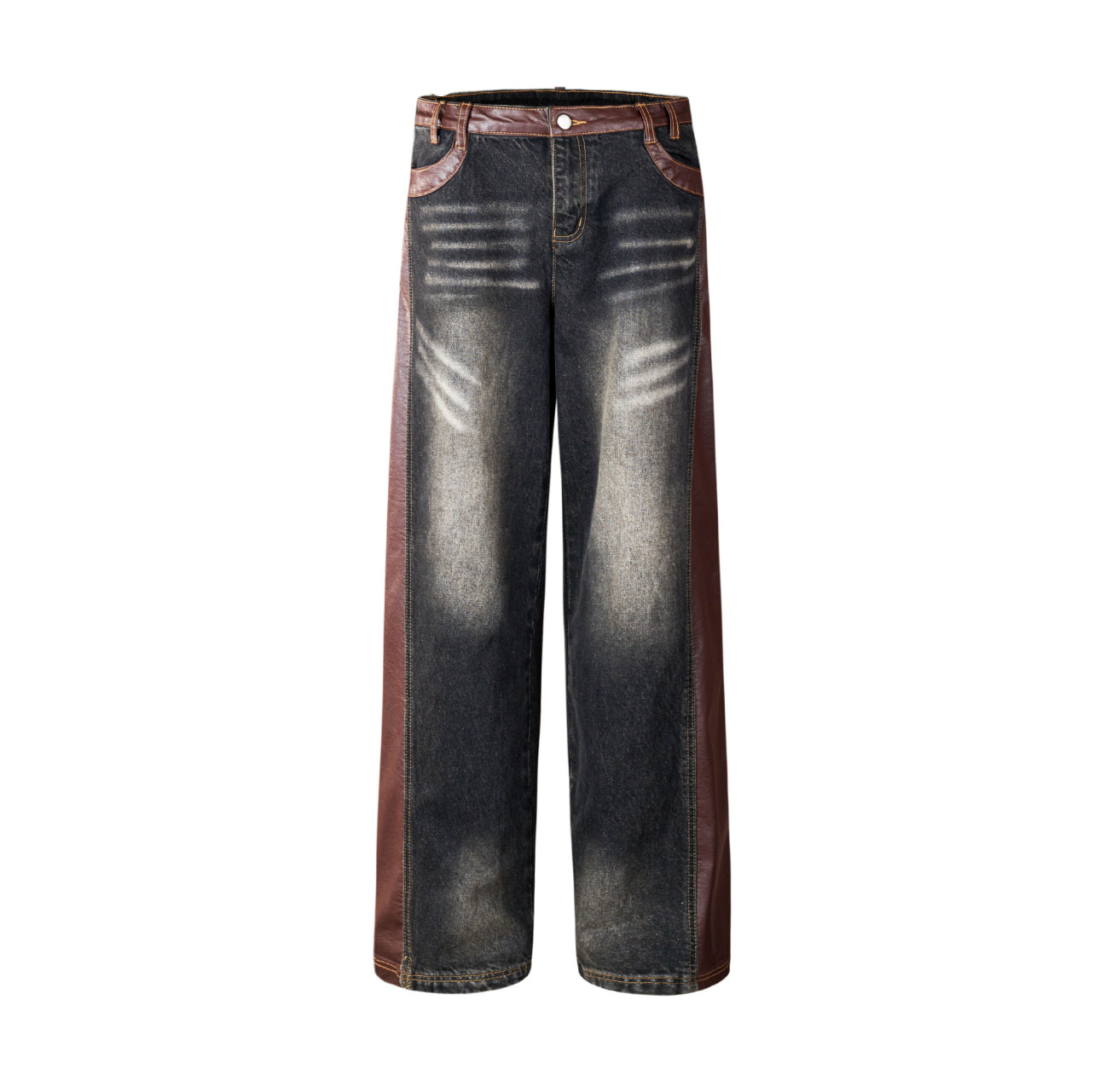 vibe leather stitch denim pants